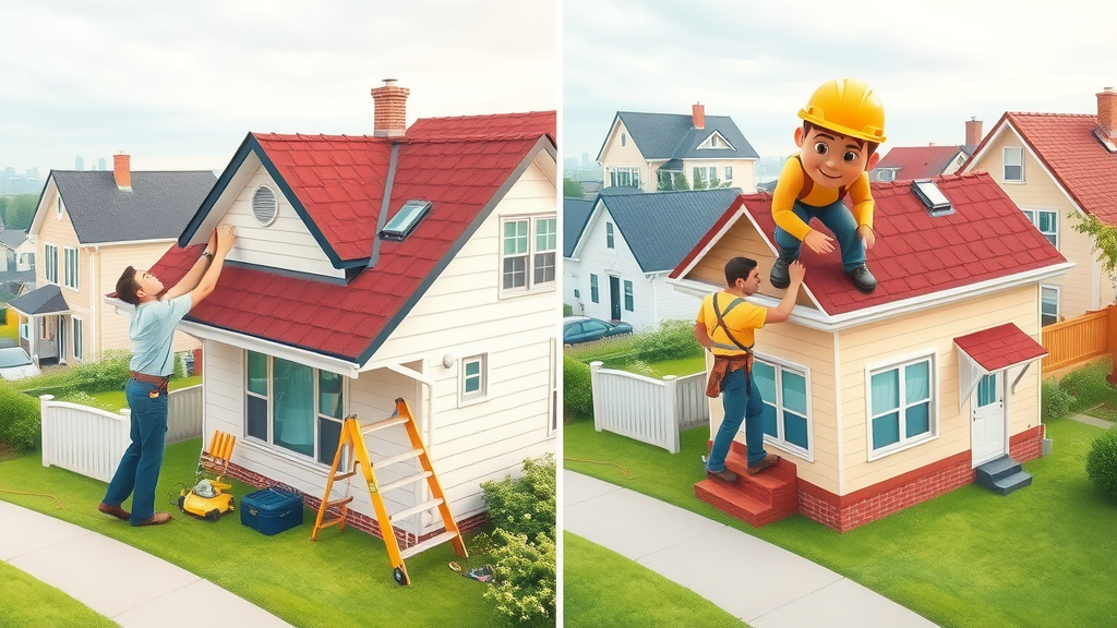 Professional roofing contractor team installing new roof vs homeowner attempting DIY roofing, showing contrasted safety and results