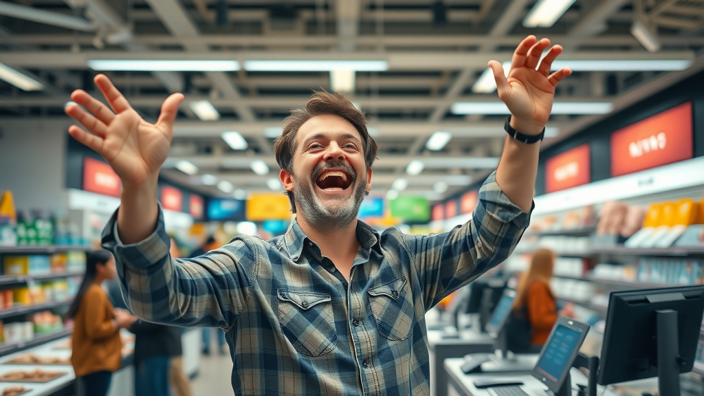 small business retailer celebrating increased sales with AI tools in a modern store