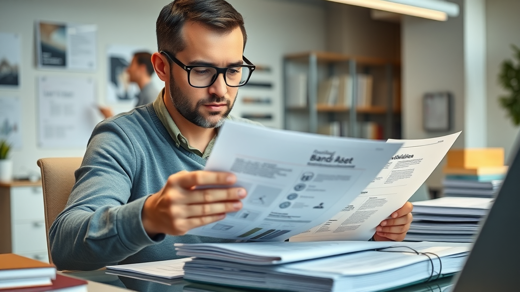 manager reviewing brand guideline documents with visual asset binders and digital files
