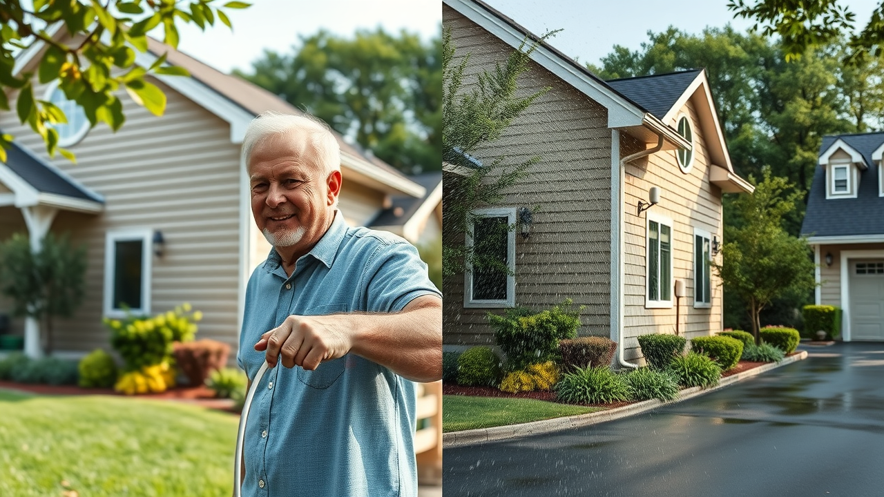 pressure washing before and after on home siding, sparkling clean results, pressure washer in action