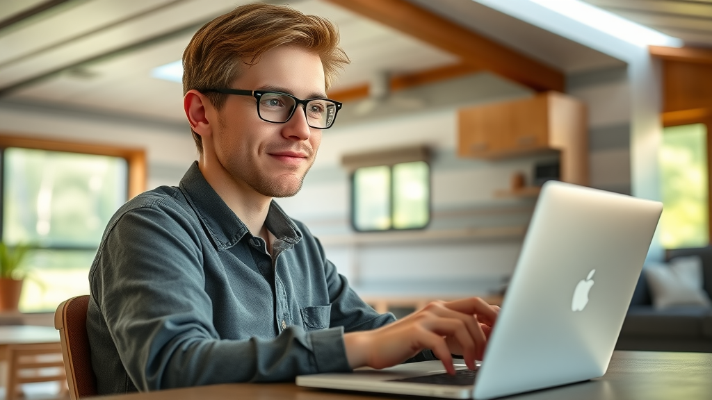 Young remote worker using laptop in an RV park clubhouse, reflecting adaptation of future of RV parks to remote work