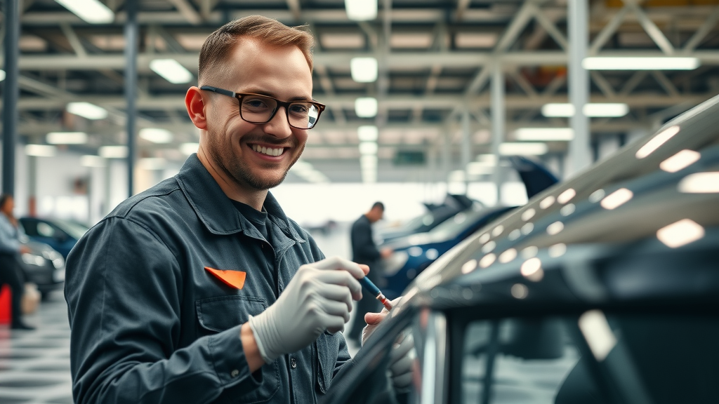 dynamic bustling auto body shop technician using advanced tools