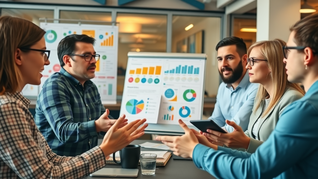 dynamic marketing brainstorming session with a collaborative team and marketing leader, modern office, flipcharts and digital devices