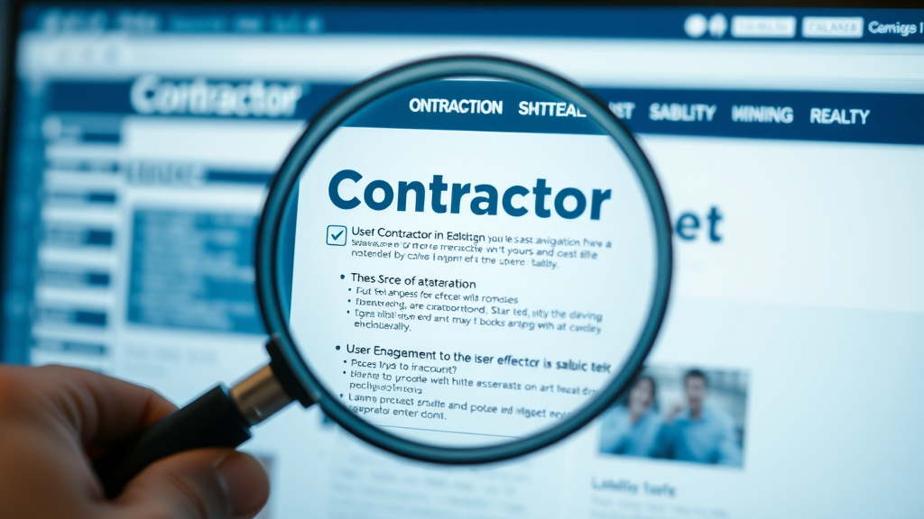 clean illustration of a contractor website being evaluated by a digital magnifying glass for the helpful content update