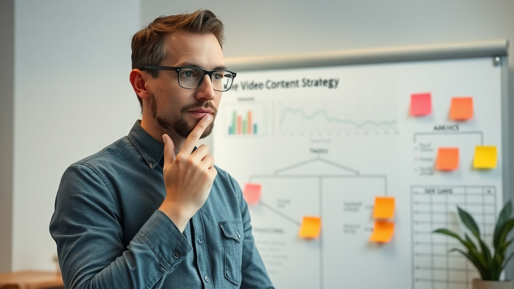 Marketing manager mapping out engaging video content strategy on a whiteboard in a modern workspace