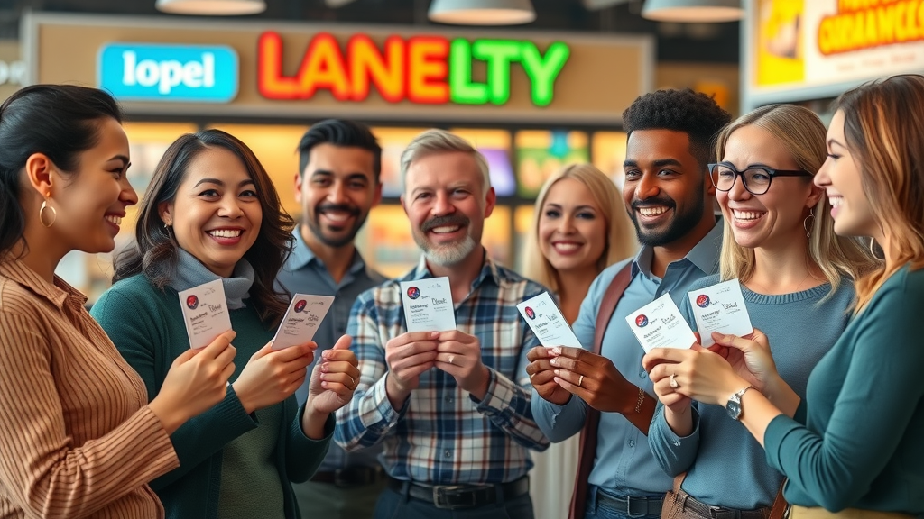 A diverse group of customers, smiling as they receive loyalty rewards from a brand, representing how positive brand associations foster brand equity.