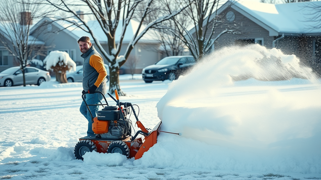 snow removal in portage mi, cheerful worker clearing winter lawn, included in comprehensive lawn care service packages