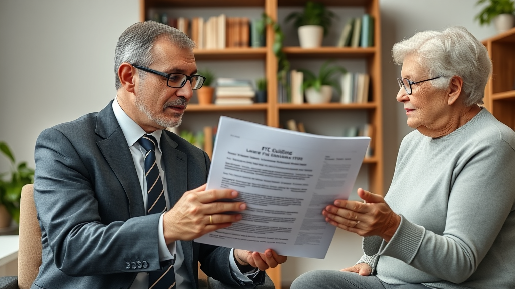 lawyer explaining federal funeral rule to couple, ensuring rights for online casket purchases
