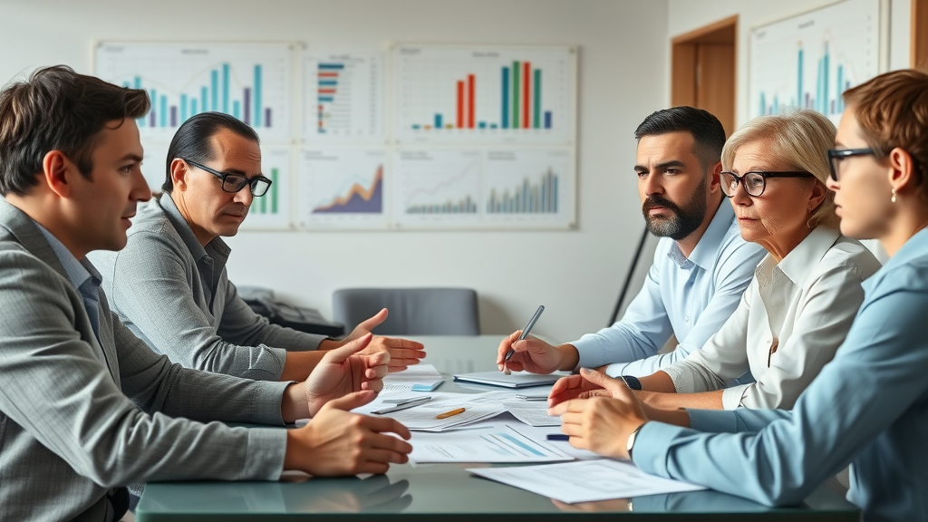 home service business owners discussing budgeting strategies around a table