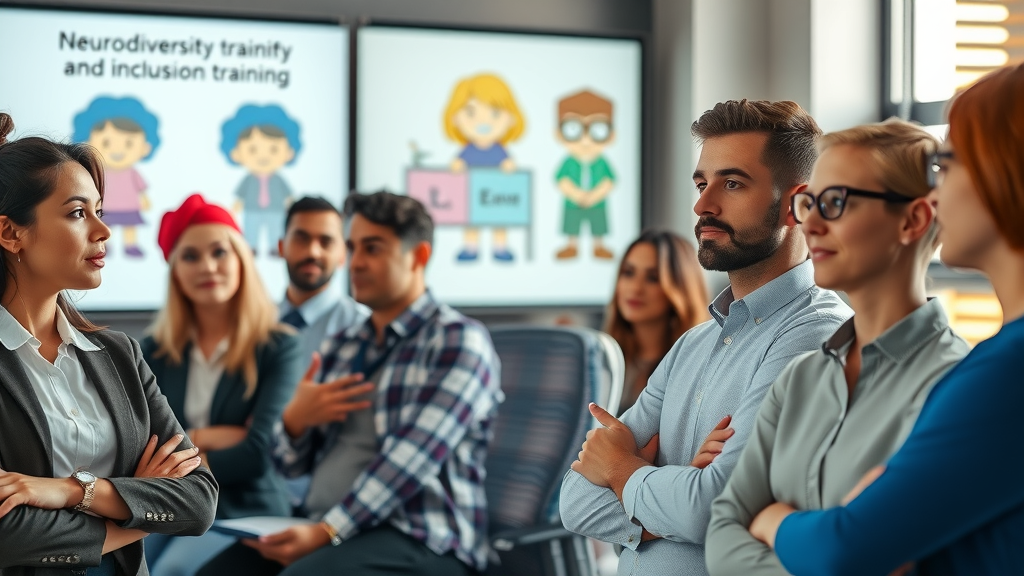 Corporate team engaged in neurodiversity awareness training, viewing presentation slides about brain diversity and inclusion in a modern work environment.