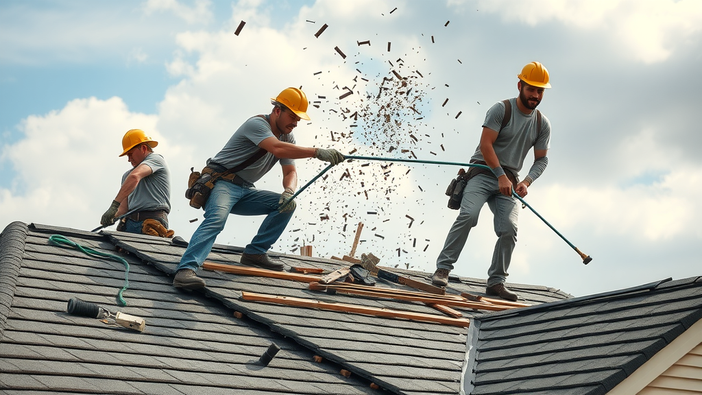 roofers performing tear-off and underlayment application for professional roof installation