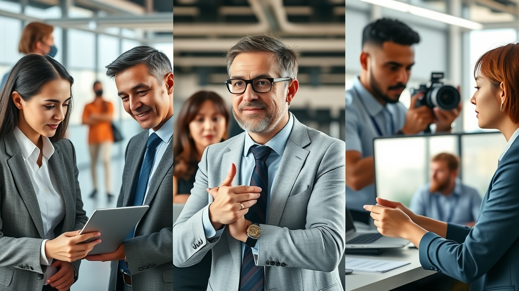 collage of business scenarios: blogging, video production, leadership meeting, content marketing techniques