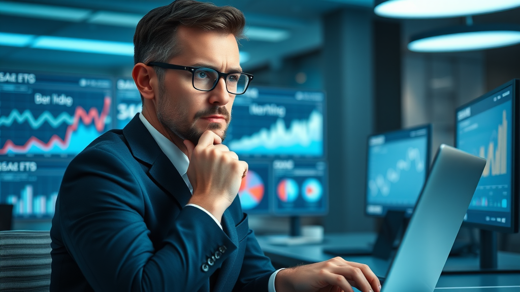 A confident business professional analyzing brand equity data on a laptop in a sleek workspace, visualizing how brand equity is measured.
