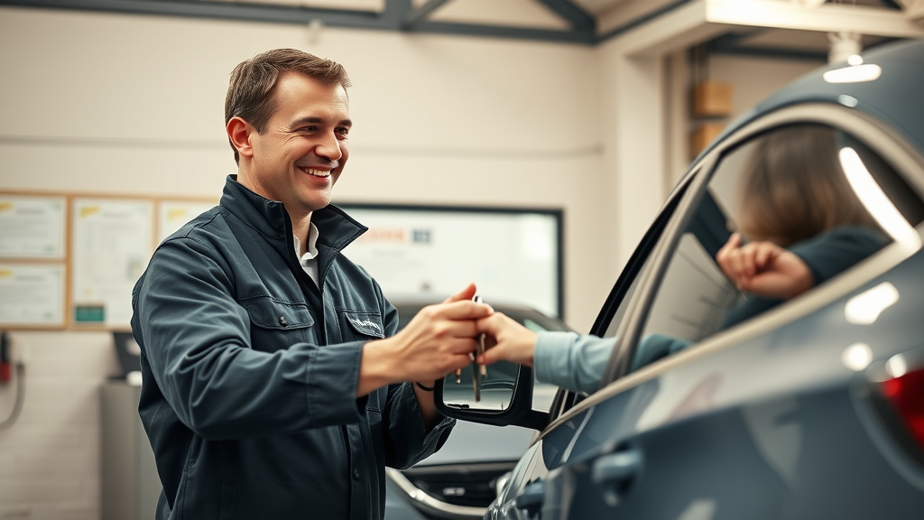 trustworthy technician handing keys to car owner returning repaired vehicle warranty certificates