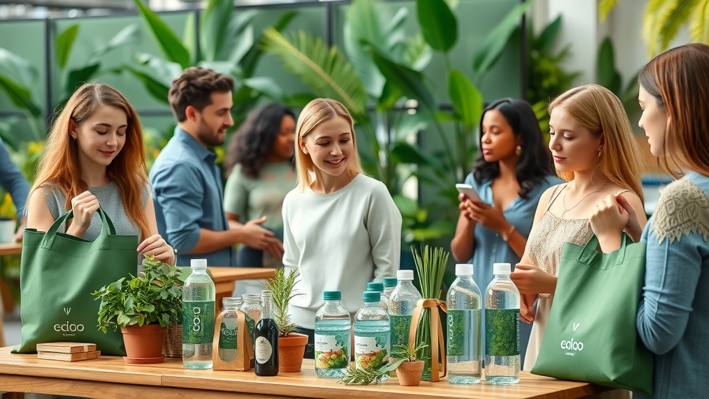 Eco-conscious promotional product display with reusable bags and bottles