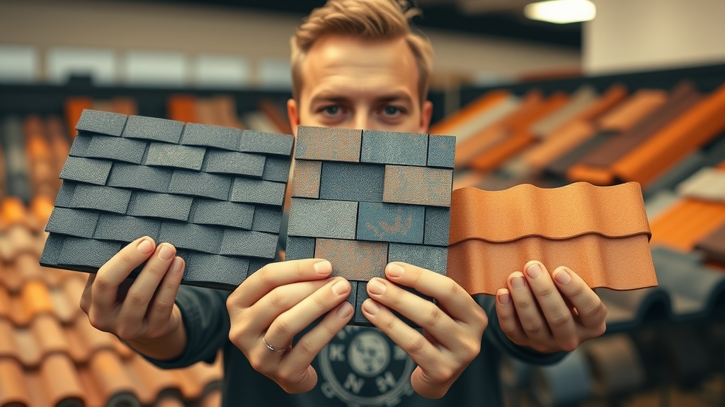 Hands holding asphalt shingles, metal sheets, and clay tiles showcasing roofing material options for roof replacement cost comparison