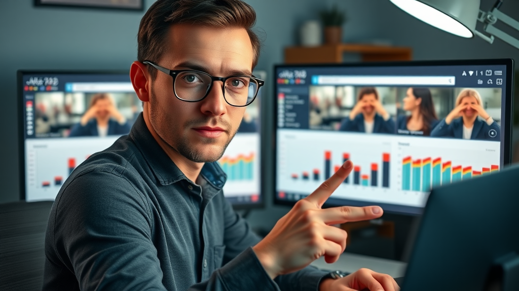 Marketer setting up A/B tests for two different engaging video content thumbnails on dual monitors