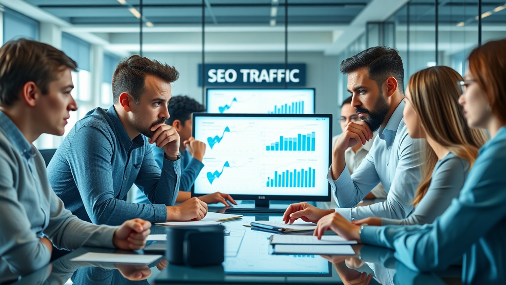 Insightful digital marketing team analyzing web traffic data using SEO strategies