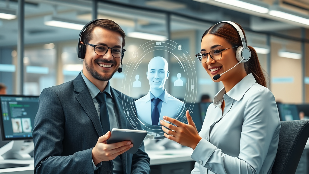 ai voice agents for business-ivr conversational in a modern customer service call center, with professional agents and AI assistant collaborating using advanced technology