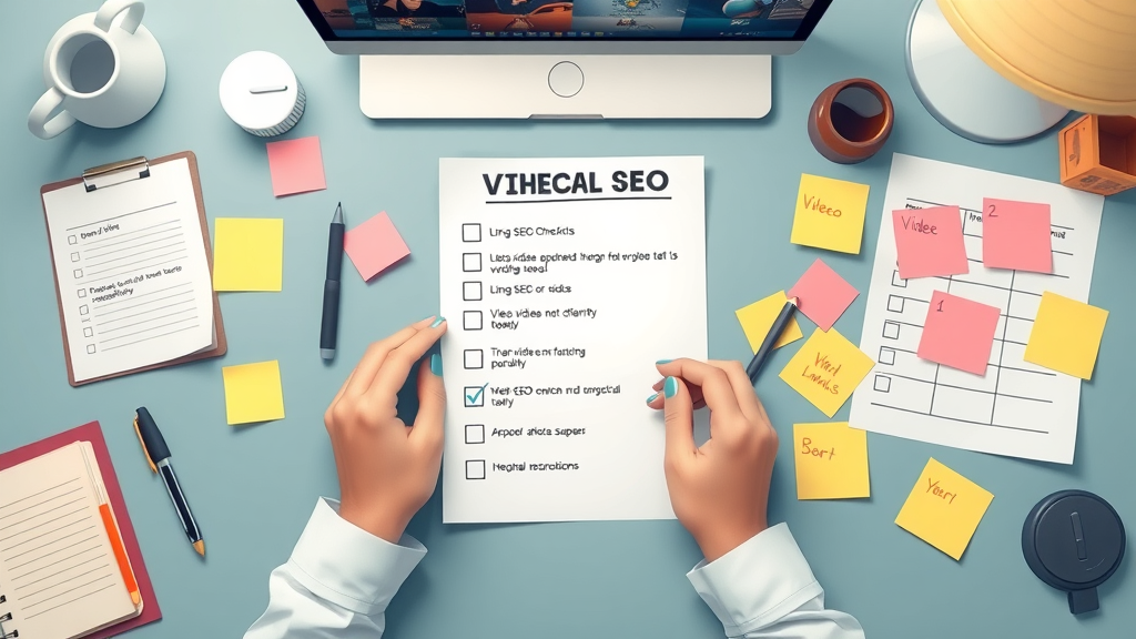 Organized video SEO optimization checklist with analytics and digital marketing planning elements