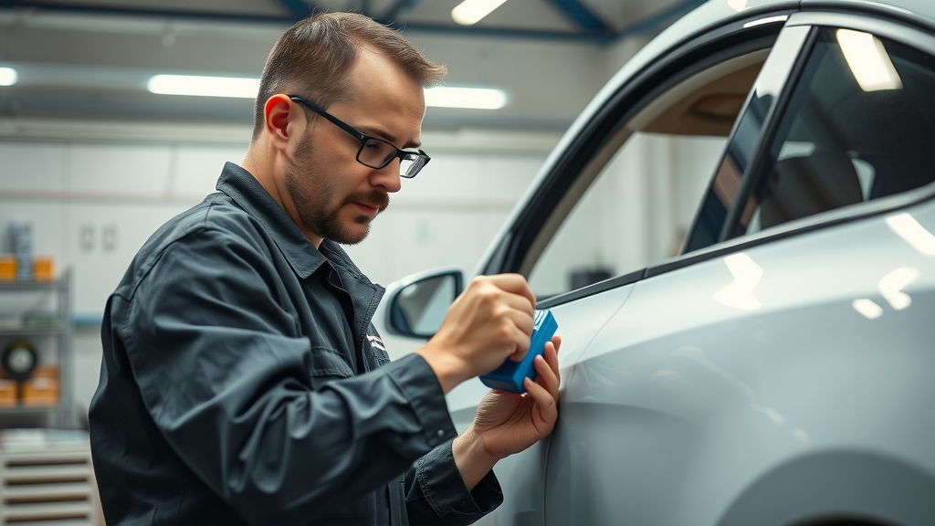 dedicated technician aligning new car door panel with digital measurement devices, clean workshop, telephoto lens