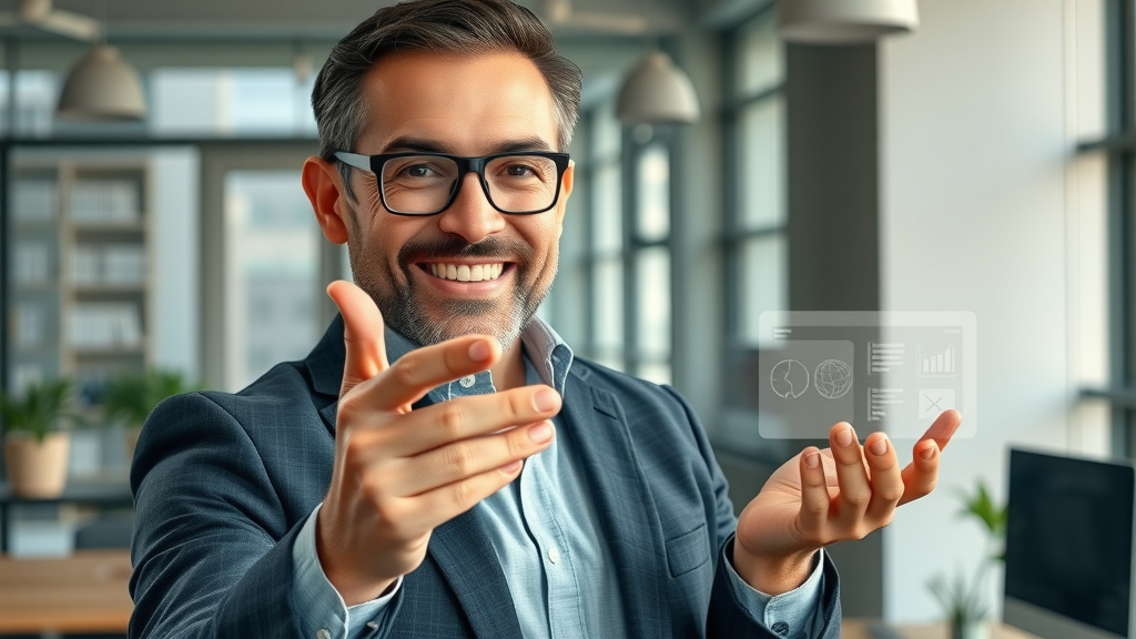 Confident expert presenting structured digital media kits showcasing credibility in AI search