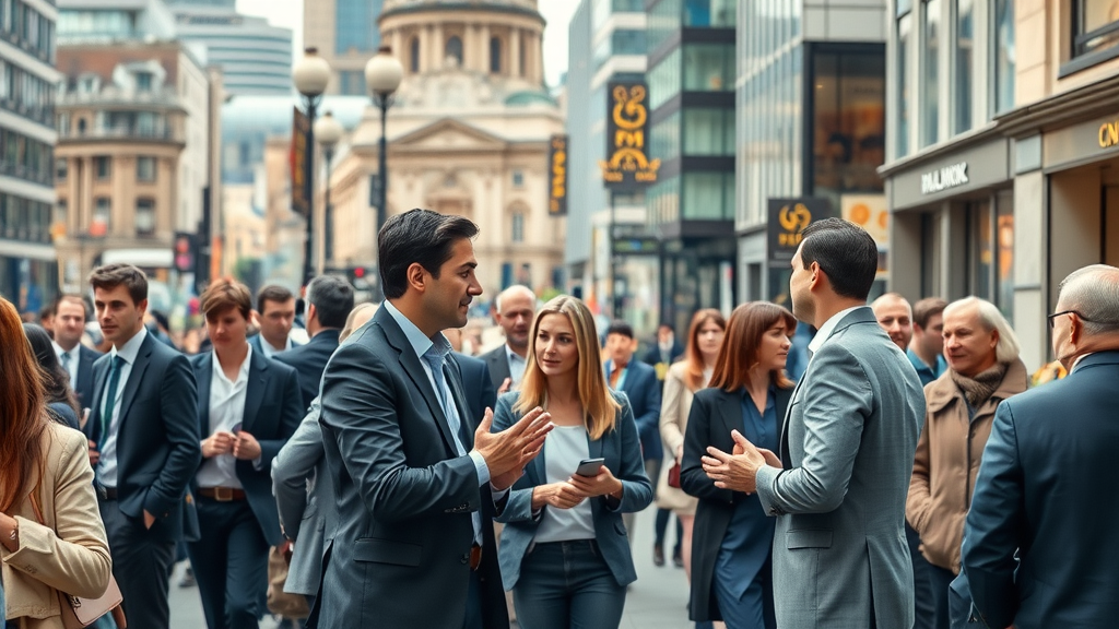 London cityscape with professionals networking and diverse business interactions