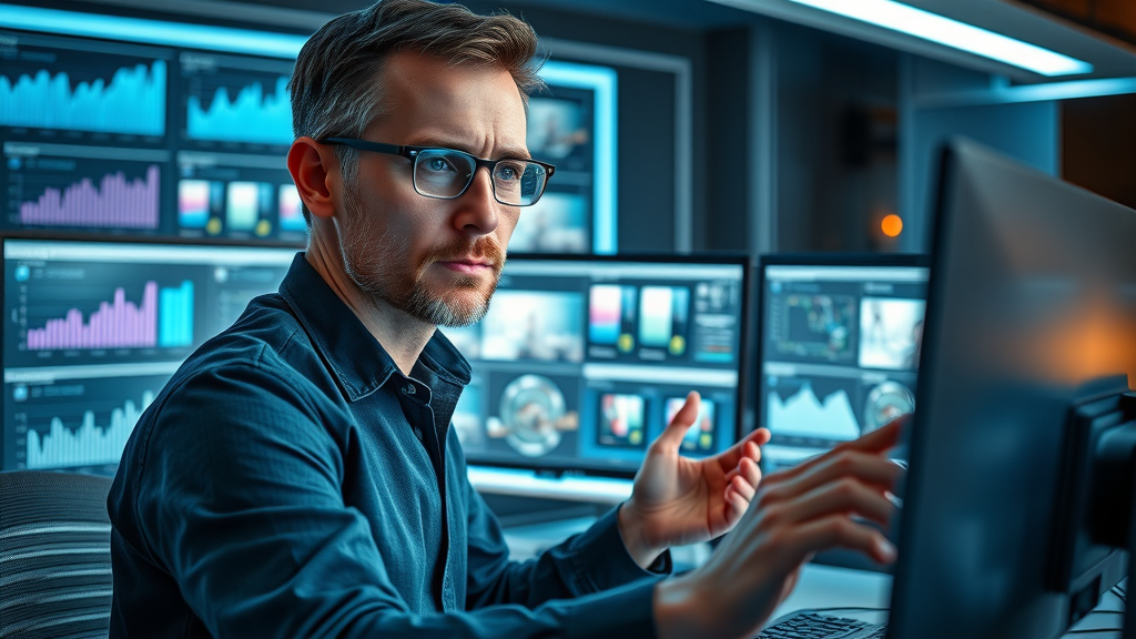Creative video producer comparing various engaging video content formats on a futuristic multi-monitor setup
