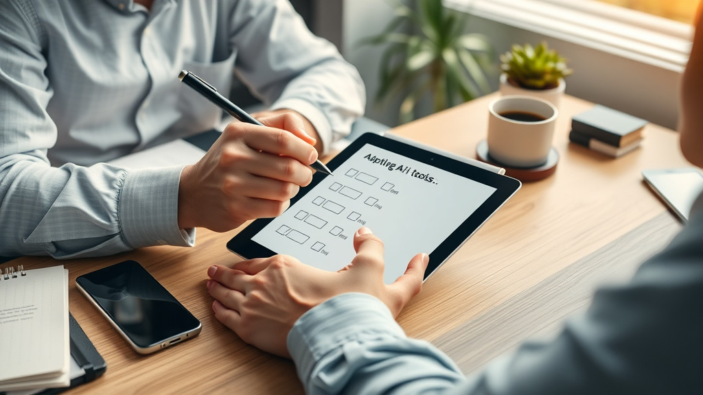 Business owner making an AI adoption checklist on tablet for small business