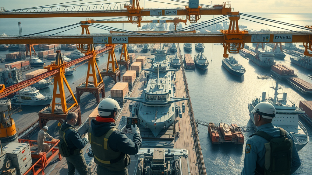 dynamic aerial view of a modern shipyard bustling with robotic cranes and autonomous vehicles, workers analyzing digital screens, overseeing ship construction