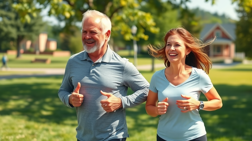 Active middle-aged couple experiencing relief and comfort from regenerative medicine for joint and tissue repair in Worcester County, MA, jogging with Worcester landmarks and lush greenery in the background