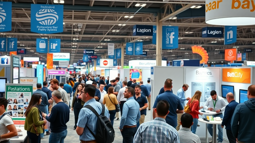 Vibrant trade show scene with attendees engaging with branded booths and promotional products