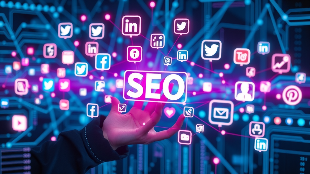 Social media and SEO content marketing service network map with digital growth icons