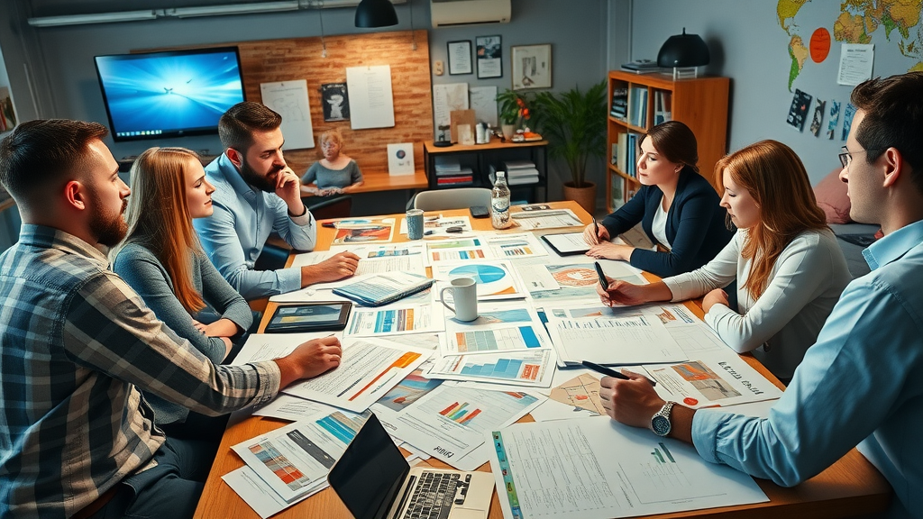 Diverse marketing team brainstorming over printed and digital campaign plans in a creative agency studio - traditional vs digital media
