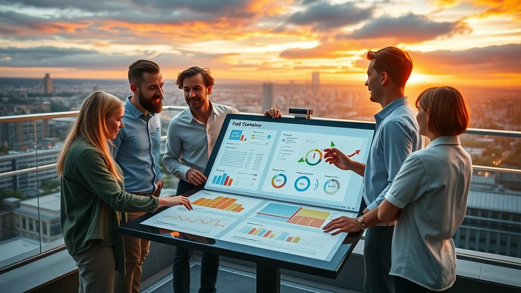 team brainstorming lead generation strategies with digital touchscreen and user flow diagrams on rooftop office