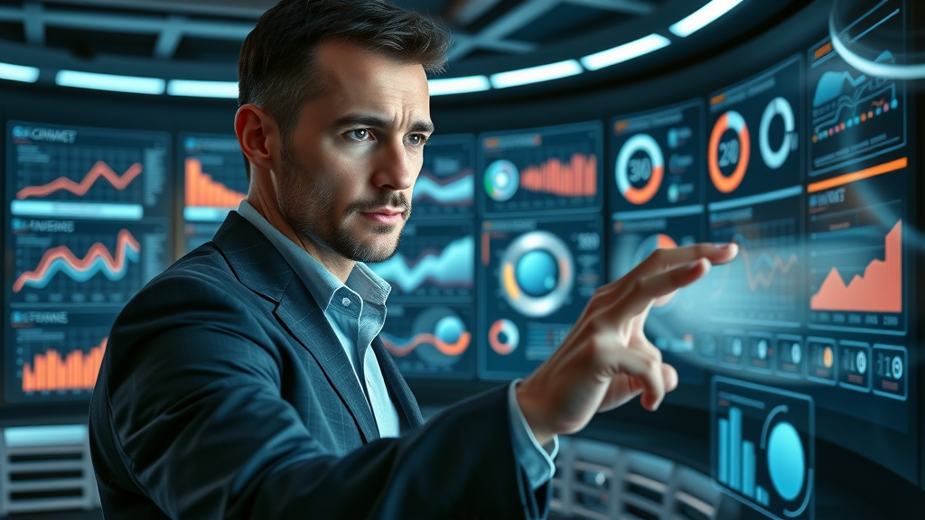 Professional marketer using a futuristic touchscreen interface to analyze digital marketing strategies and data visualizations