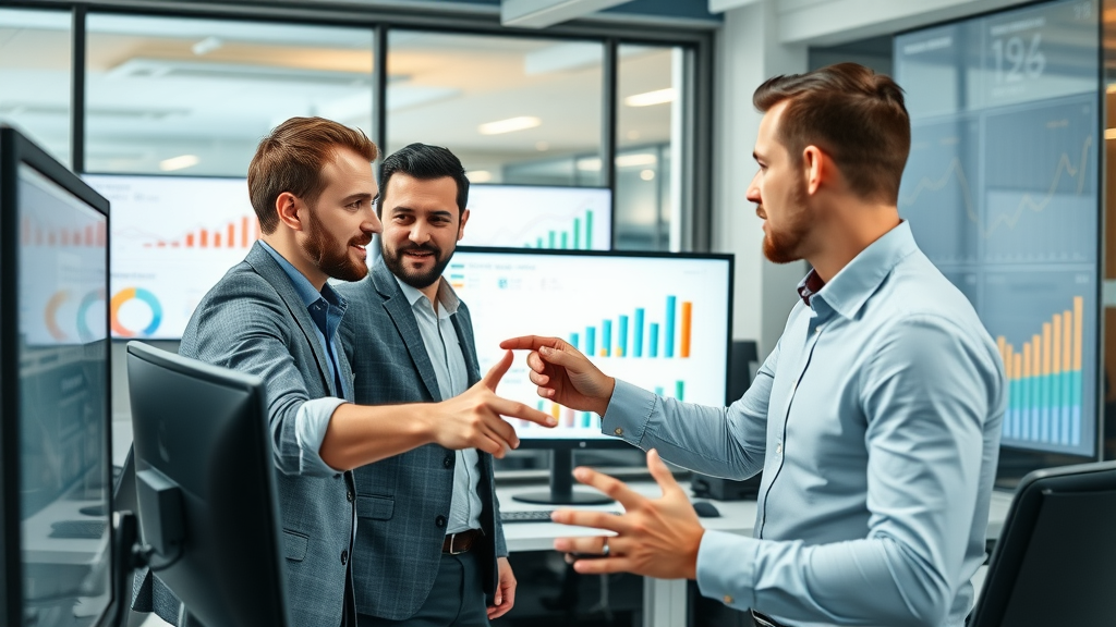 business professionals analyzing search engine graphs, seo strategy, teamwork data visualization, modern office