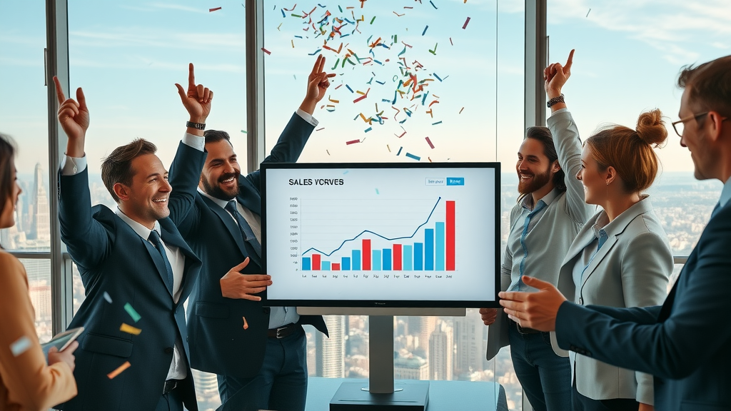 Business team celebrating rise in sales from successful paid traffic strategies, high-rise setting, sales graph