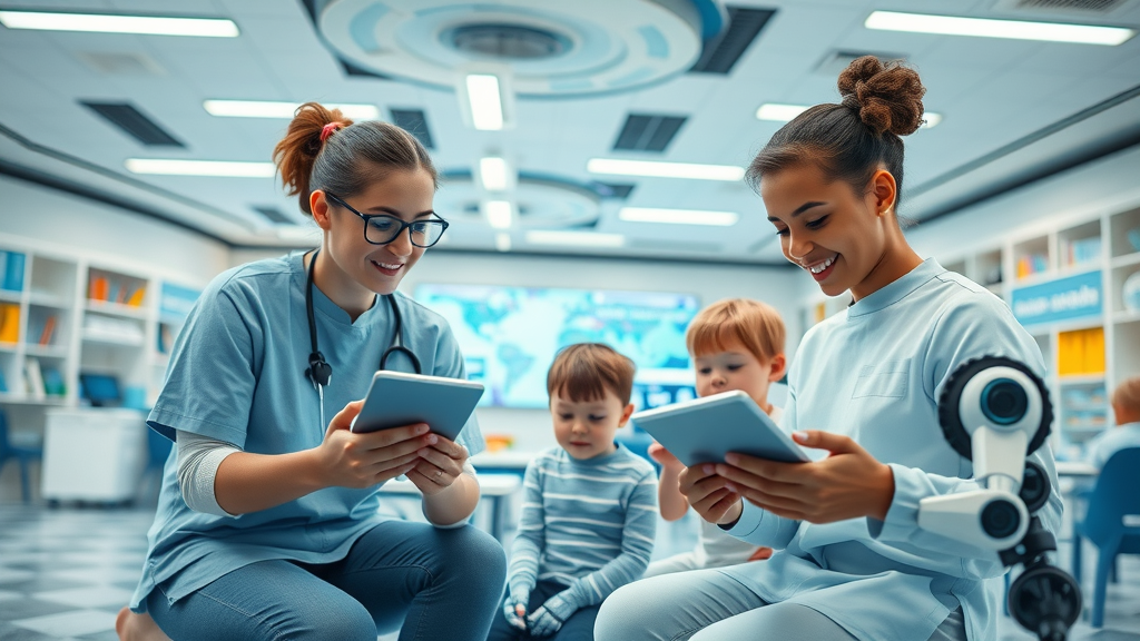 cutting-edge daycare facility where caregivers and children use tablets and educational robots, blending tech-enabled learning and nurturing human touch - daycare trends