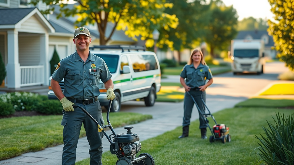 friendly lawn care professionals servicing a yard in Portage MI, using modern tools, trust in local lawn care company