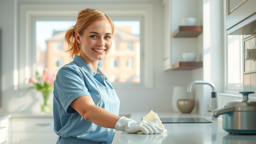 Professional cleaning service ensuring a sparkling clean sunlit kitchen countertop.