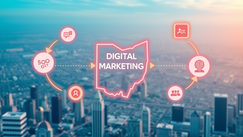Flowchart showing interconnected digital marketing channels and local SEO over Ohio city map.