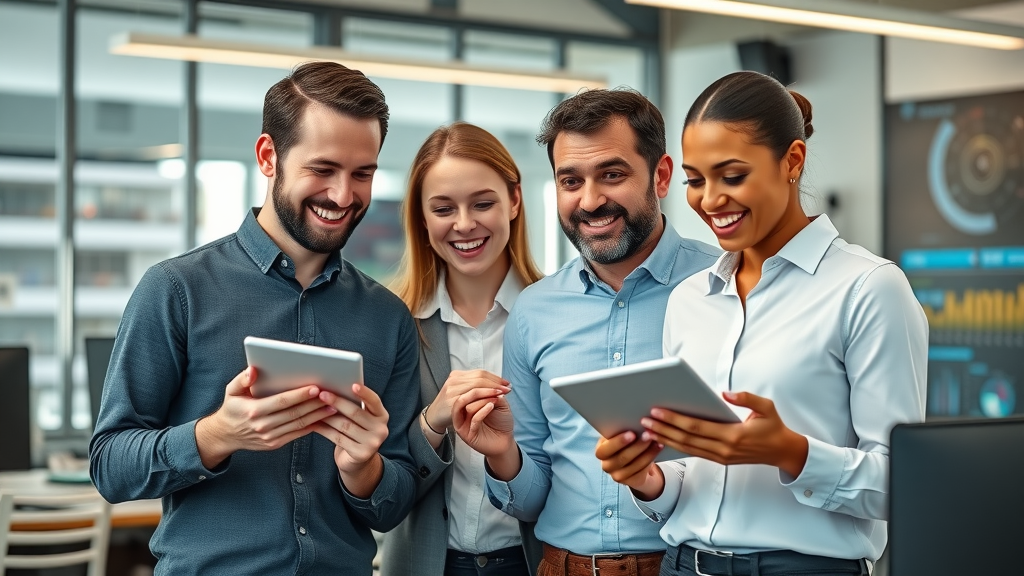 small business ai team collaborating with digital dashboards, reviewing AI-powered tools in a modern workspace