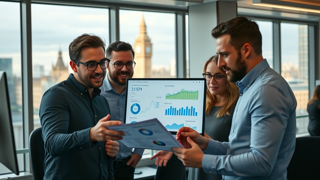 Team of marketers analysing digital marketing data and metrics in a contemporary London office