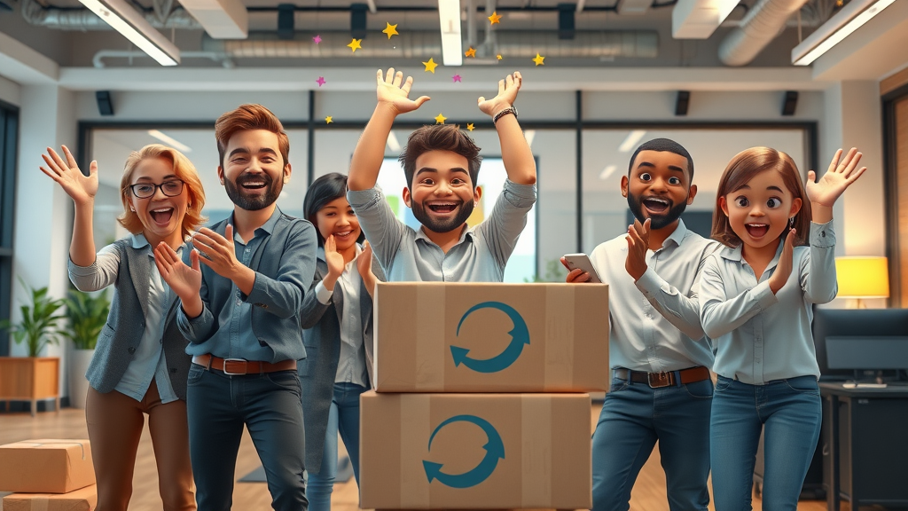 startup business equipment loan - team celebrating new equipment in vibrant workspace