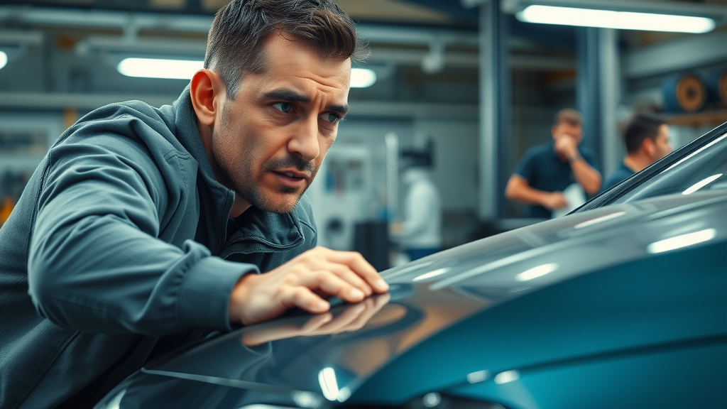 Concerned car owner inspecting insurance auto repair damage in modern repair shop