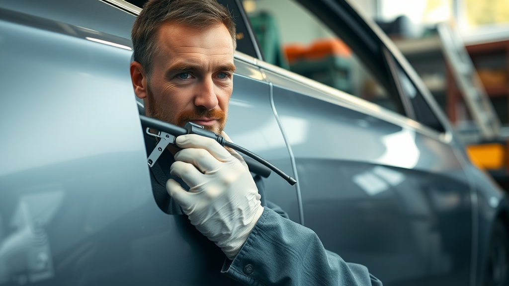 paintless dent repair technique car panel, technician using a rod behind the metal in a garage environment