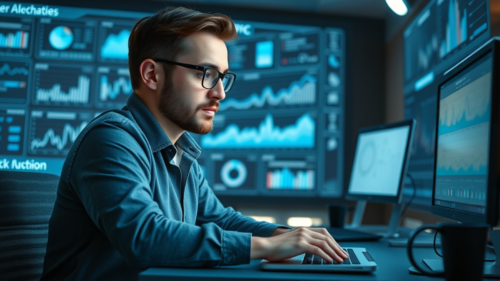 Google Ads cost per click algorithm and analysis, digital marketer analyzing PPC data on LED-lit analytics dashboard
