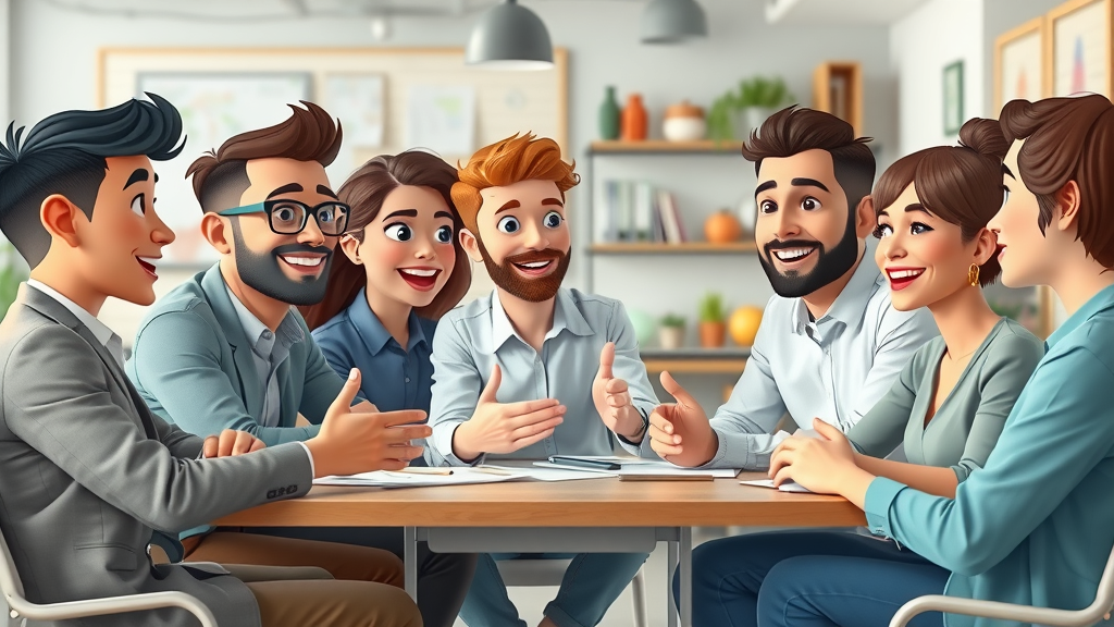 Startup team brainstorming with an experienced fractional CMO, discussing benefits and strategies in a creative workspace