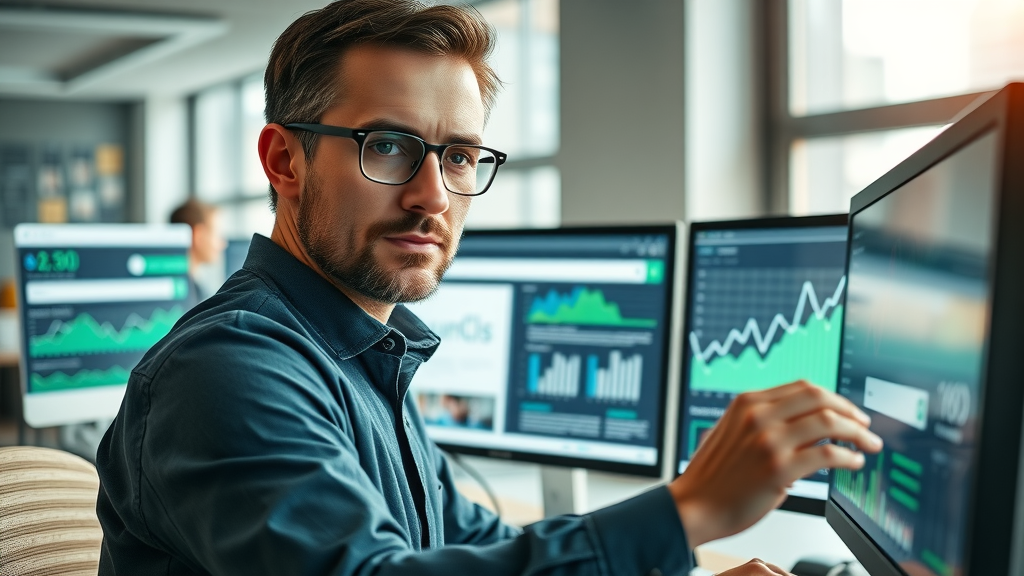 focused marketer tracking SEO performance on dual monitors with upward-trending digital graphs